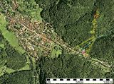 Sulzburg na ortofotu s vloženým průněhem severní části žíly Riester a se zkoumanými hornickými a zpracovatelskými areály.